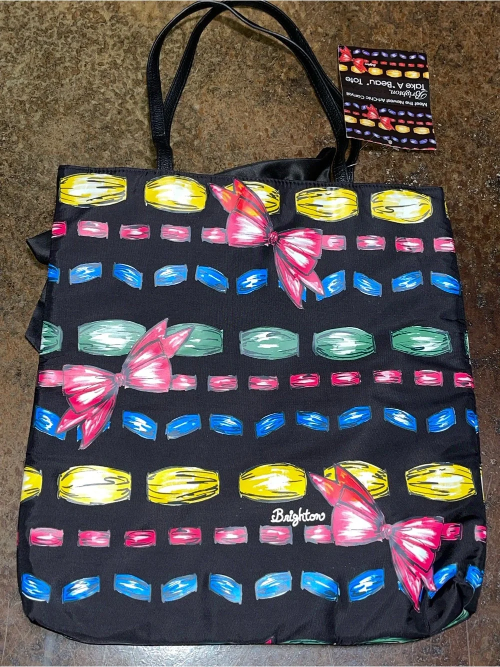 Brighton Black Tote with Pink, Blue, Yellow & Green Accents and Bow